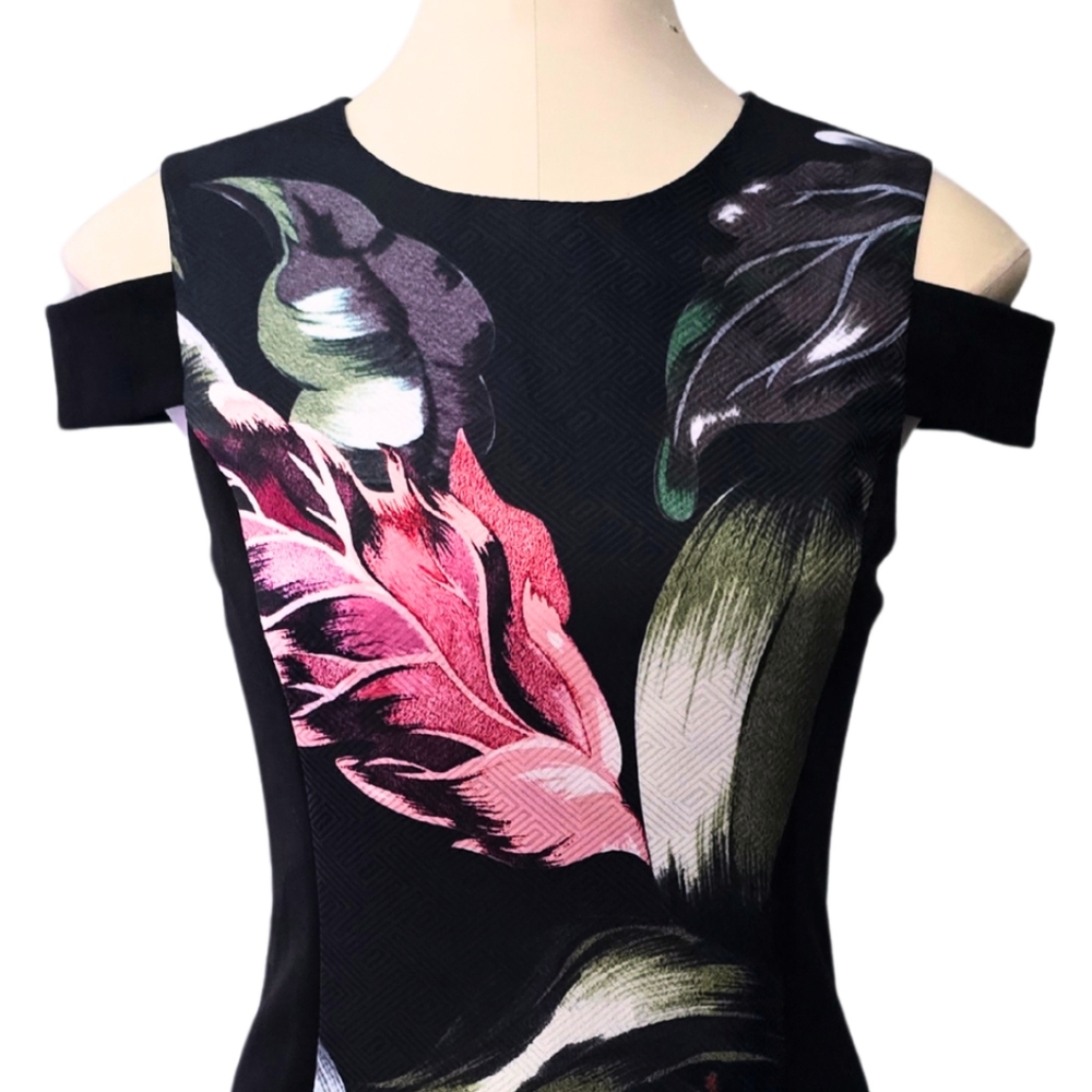 Black Floral Cold-Shoulder Sheath Dress - Picture 2 of 13